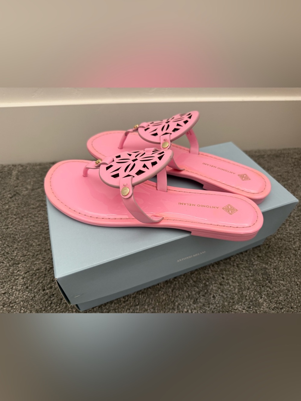 ANTONIO MELANI Pink Laser-Cut Leather Thong Sandals with Gold Accents - Picture 4 of 8